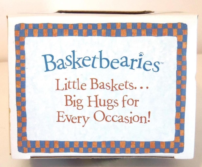 May include: A white box with the words "Basketbearies" in blue script. Below, the text reads "Little Baskets... Big Hugs for Every Occasion!" The text is framed by a blue and orange checkered border.