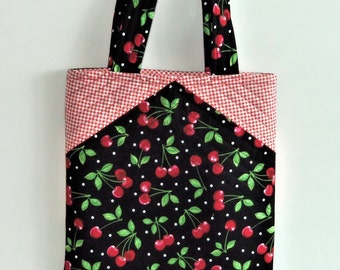 Tote Bag Cherry Tote Purse, Handmade Tote, Quilted Tote Bag, Cherry Tote Bag, Black Purse, Cherry Hand Bag, Quilted Purse, Sewnsewsister