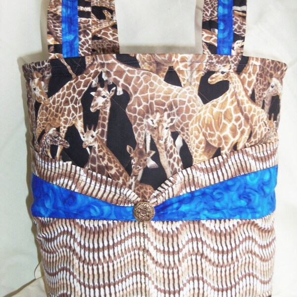 Tote Bag , Purse , GIRAFFES GATHERING Quilted Carry-All , Brown , Large , Knitting Bag