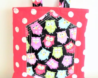 Tote Bag Owl Kid Bag, Handmade Child Tote Bag, Red Tote Bag, Child Tote, Kids Book Bag, Polka Dot Purse, Kid Carry All, Sewnsewsister