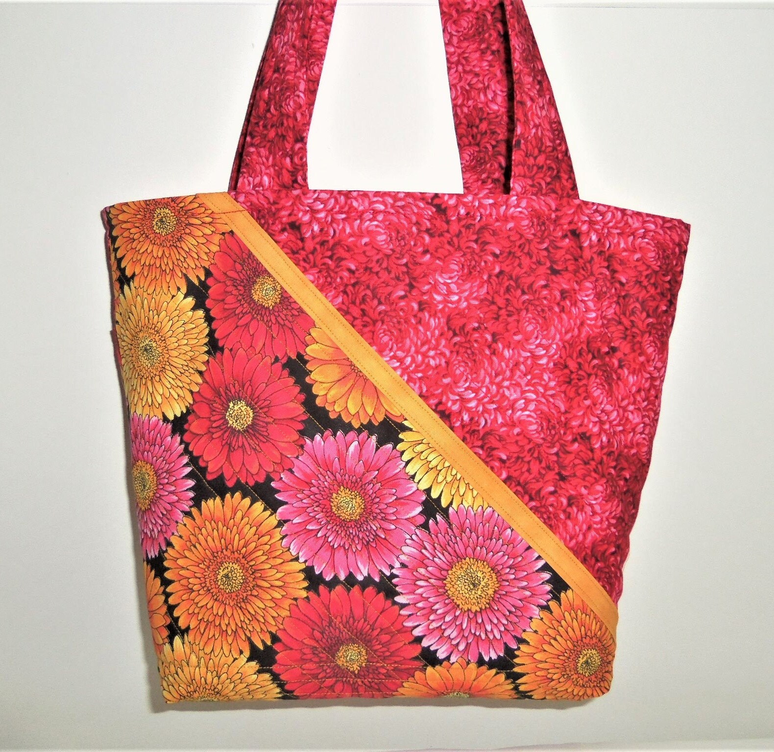 Floral Tote Bag Floral Knitting Bag Red Quilted Tote Etsy