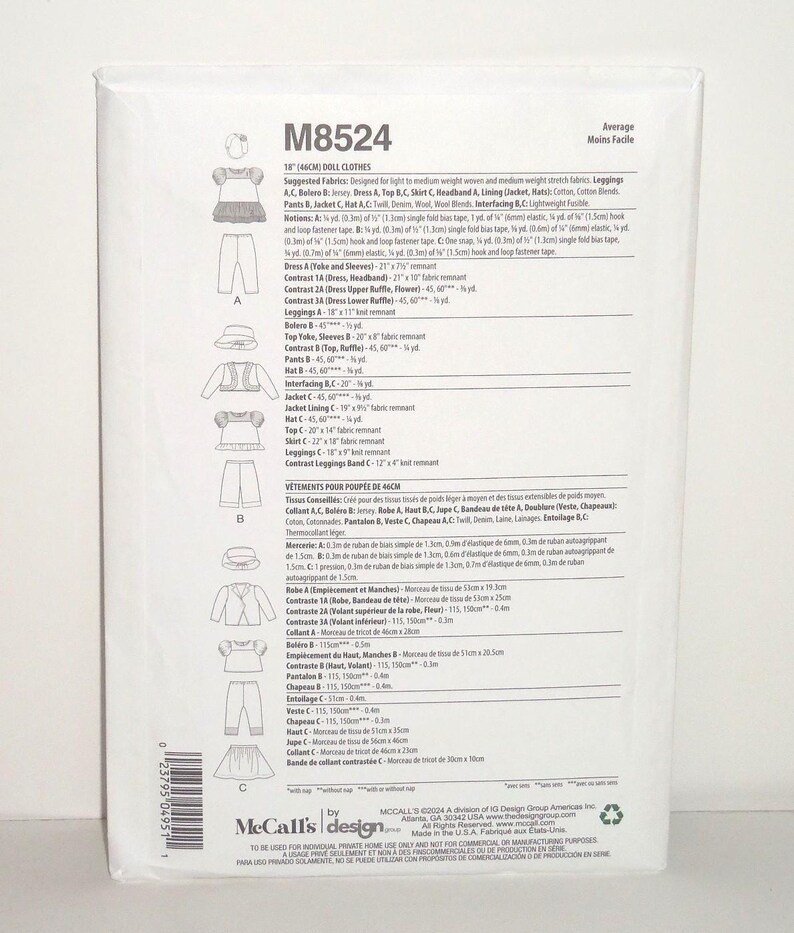 May include: A white package featuring a doll clothes sewing pattern, model M8524, with illustrations of doll clothing designs. The package includes text in English and French, with measurements in inches and centimeters.
