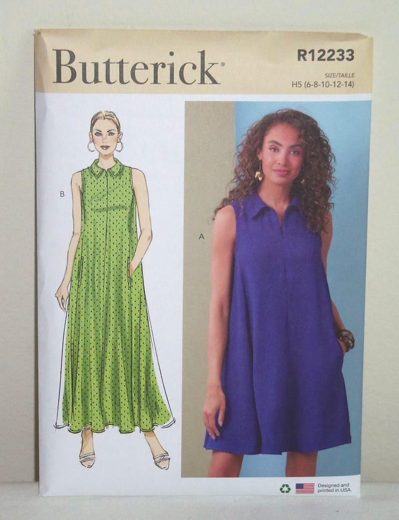 May include: A sewing pattern for a sleeveless dress with a collared neckline. The pattern is for sizes 6-8-10-12-14 and is from Butterick pattern number R12233.