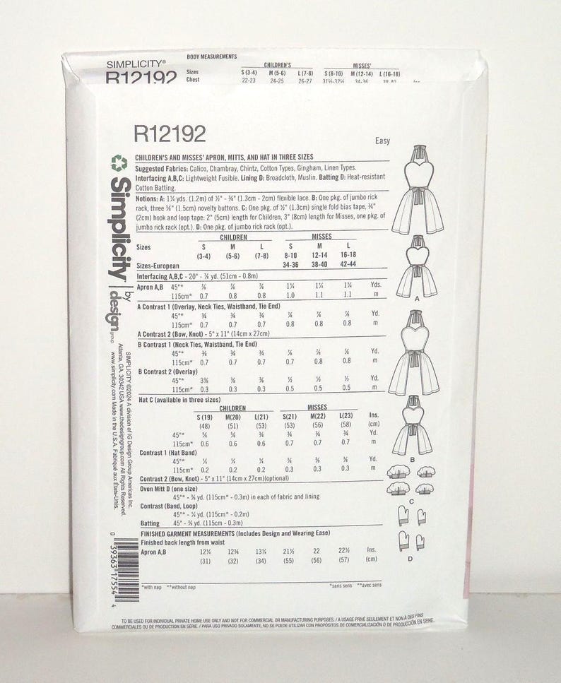 May include: A Simplicity pattern envelope featuring instructions for children's and misses' aprons, mitts, and a hat. The package includes diagrams and measurements in inches and yards, with sizes ranging from children's S(3-4) to misses' L(16-18).