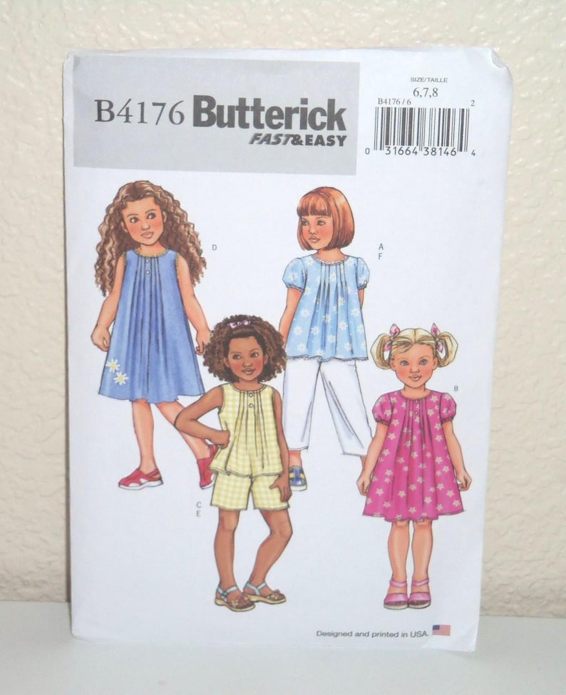 May include: A Butterick B4176 sewing pattern envelope for sizes 6, 7, and 8. The front features illustrations of four outfits: a blue dress, a light blue floral top with white trousers, a yellow plaid top with shorts, and a pink floral dress.