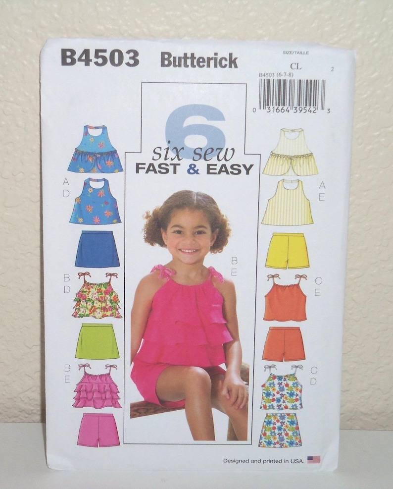 May include: Butterick sewing pattern B4503 for children's clothing, featuring illustrations of various tops and shorts in floral, striped, and solid fabrics. The white envelope displays the text 6 six sew FAST & EASY and a size range of 6-7-8.