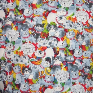 May include: A fabric pattern featuring a dense, repeating illustration of cartoon cats in shades of gray and white. Each cat wears a red collar with white dots. The background is a vibrant, abstract mix of red, yellow, and green paint splatters.