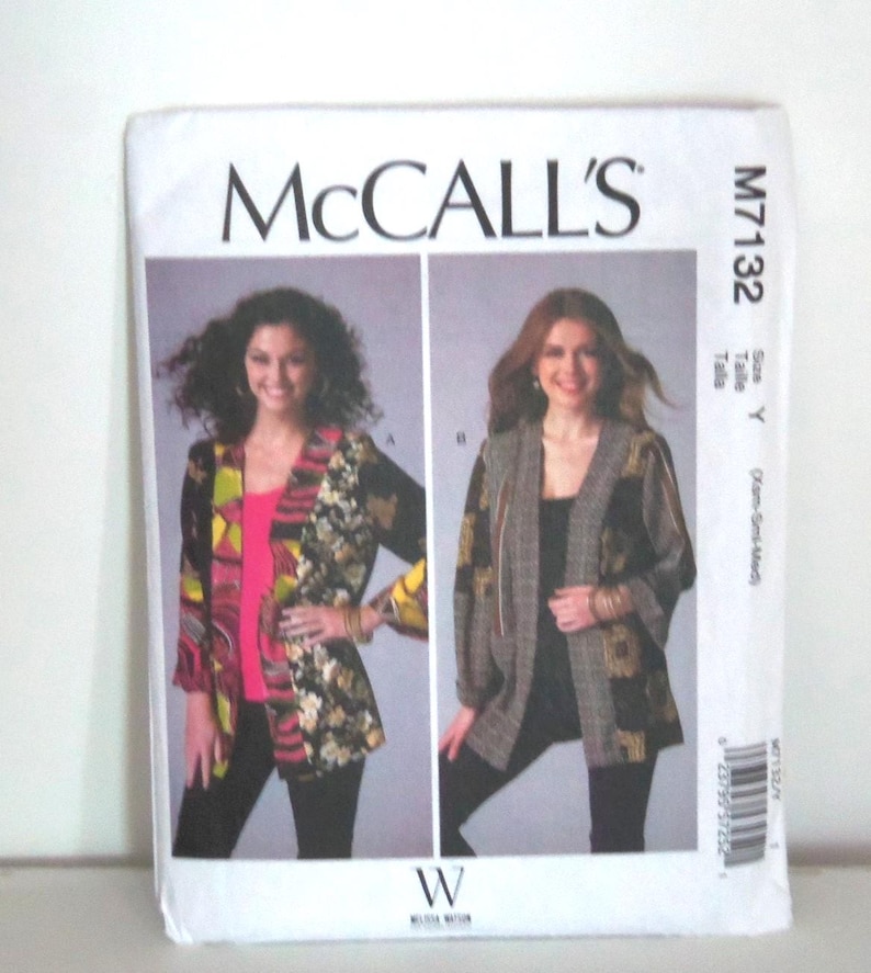 May include: A McCall's M7132 sewing pattern envelope featuring two jacket variations. The left jacket has a colorful abstract print, while the right jacket features a muted plaid and floral pattern. The text includes McCall's, M7132, and Size Y.