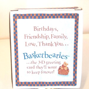 Op de afbeelding: Een witte doos met een blauw en oranje geruite rand. De tekst luidt: "Verjaardagen, Vriendschap, Familie, Liefde, Dank u... Basketbearies...de 3D-wenskaart die ze voor altijd willen bewaren!" Er is ook een kleine illustratie van een teddybeer in een mand.