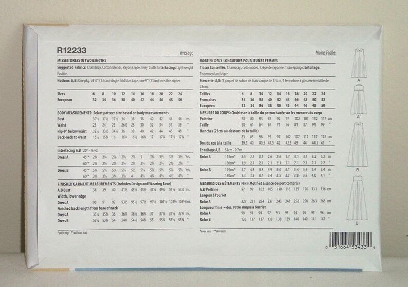 May include: A sewing pattern for a misses' dress in two lengths. The pattern includes size charts in both inches and centimetres, as well as instructions for cutting and sewing the dress. The pattern is labelled R12233.