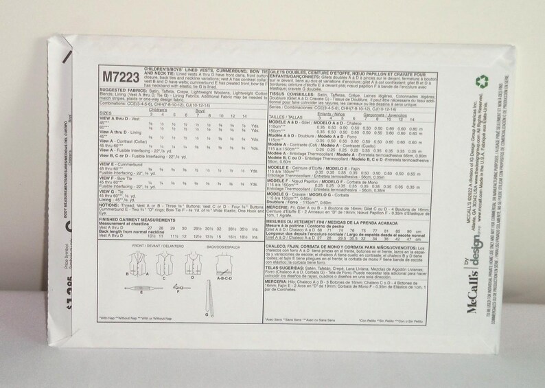 May include: A sewing pattern for a vest, jacket, and pants. The pattern is for sizes 6-14 and includes instructions for making the garments. The pattern is from McCall's Design.