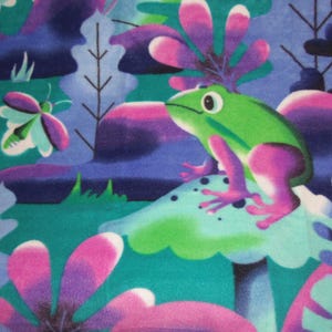 May include: A colourful illustration of a green frog with pink details, sitting on a mushroom. The background features stylized plants, a butterfly, and a palette of teal, purple, and blue, creating a whimsical, fantasy-themed design.