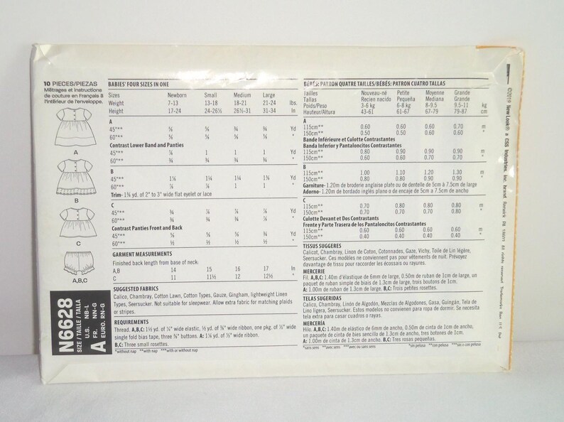 May include: A sewing pattern for babies' clothing, featuring multiple sizes and garment styles. The package includes diagrams and measurements in inches, with suggested fabrics and notions listed. The pattern number is N6628.