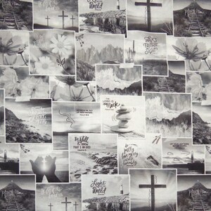 May include: A black and white fabric print featuring a collage of various scenes including crosses, flowers, mountains, lighthouses, and stacked stones. The design incorporates inspirational text such as "Walks by Faith," "The Lord is my rock," and "Light of the World."