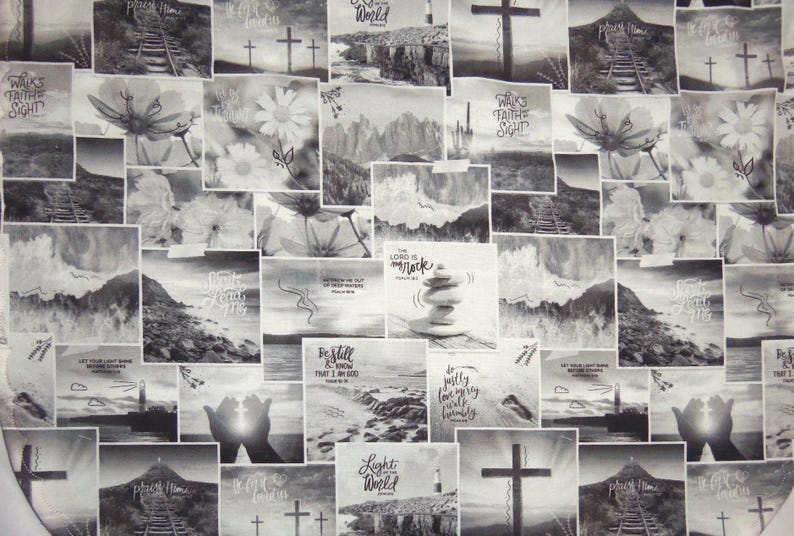 May include: A black and white fabric print featuring a collage of various scenes including crosses, flowers, mountains, lighthouses, and stacked stones. The design incorporates inspirational text such as "Walks by Faith," "The Lord is my rock," and "Light of the World."
