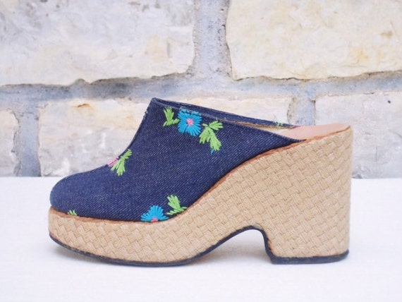 70s Italian Denim Platform Clogs Mules Open Sandal