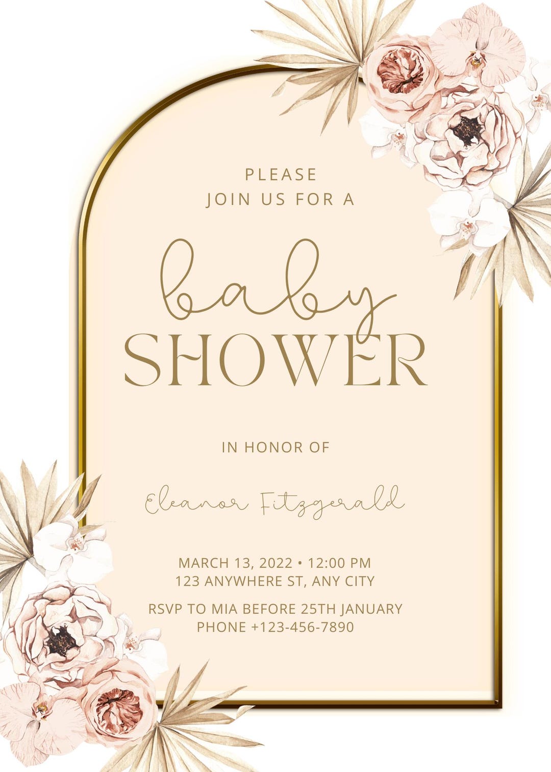 Customizable Baby Invitation Template - Gold Frame and Flowers - Etsy