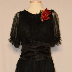 ANTIQUE Vintage Late 1910s Black SILK & NET Dress with Red Rose image 3