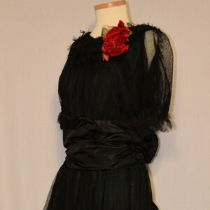 ANTIQUE Vintage Late 1910s Black SILK & NET Dress with Red Rose image 2