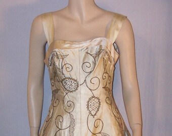 VINTAGE 1950s Cream GOLD Bronze Metallic Leaf Design Cocktail Satin Dress ~ Designer Label Branel Model