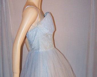 VINTAGE 1950s EMMA DOMB Light Blue Strapless Tulle Party Dress