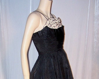 VINTAGE 1940s Black Taffeta Ruffle Neck Pointy Hem PARTY Prom Dress