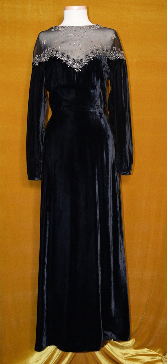 Vintage 1930/40s Black SILK Panne Velvet GLASS BEADED Dress Gown