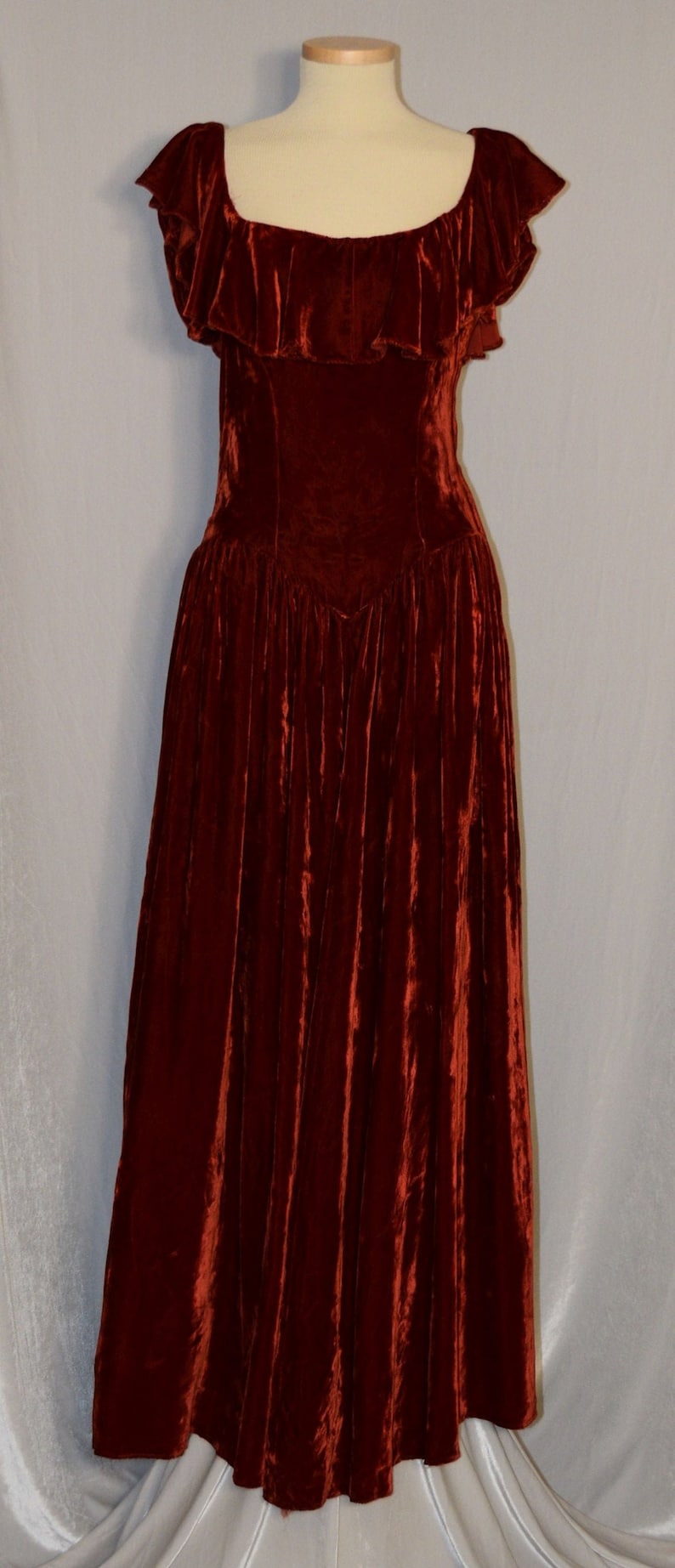 VINTAGE 1930s Burnt Orange SILK VELVET Ruffle Accent Formal Dress image 1