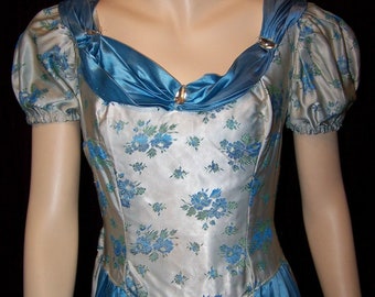 VINTAGE 1930s Blue with Green Floral Accent SATIN DAMASK Dress Gown