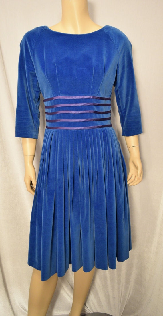 VINTAGE 1940/50s Royal BLUE Cotton VELVET Satin S… - image 2