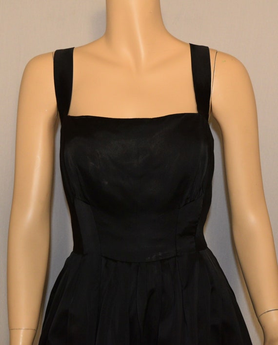 VINTAGE 1950s Black Satin Pleated Flare PARTY Dre… - image 1