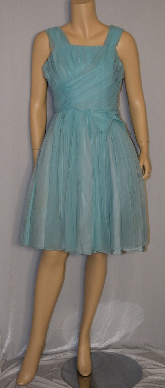 VINTAGE 1950s Seafoam Blue Ruched CHIFFON Dance Dr