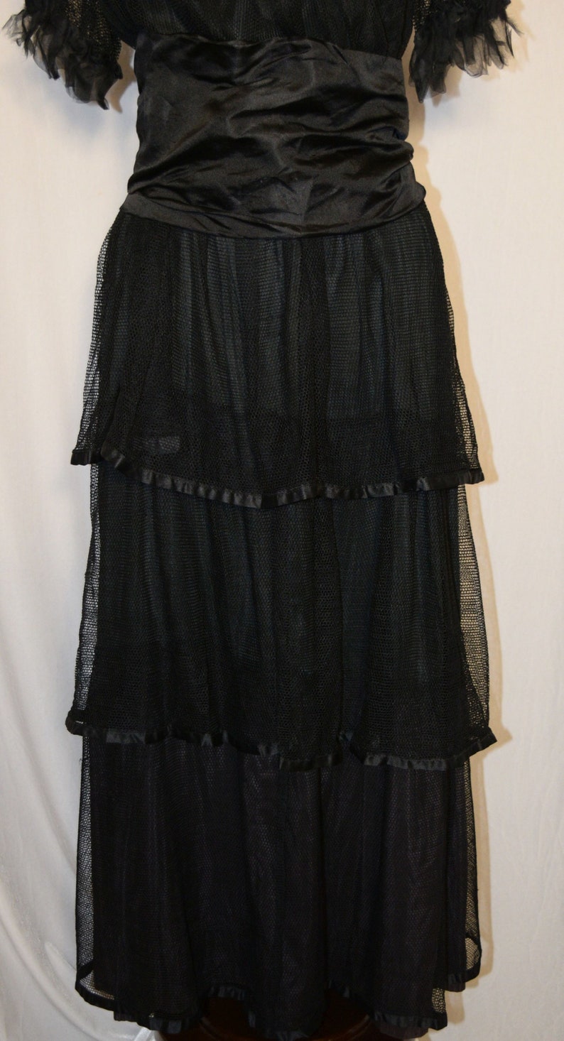 ANTIQUE Vintage Late 1910s Black SILK & NET Dress with Red Rose image 8