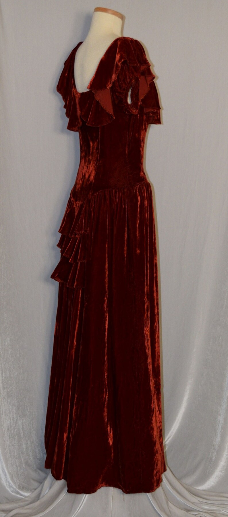 VINTAGE 1930s Burnt Orange SILK VELVET Ruffle Accent Formal Dress image 6