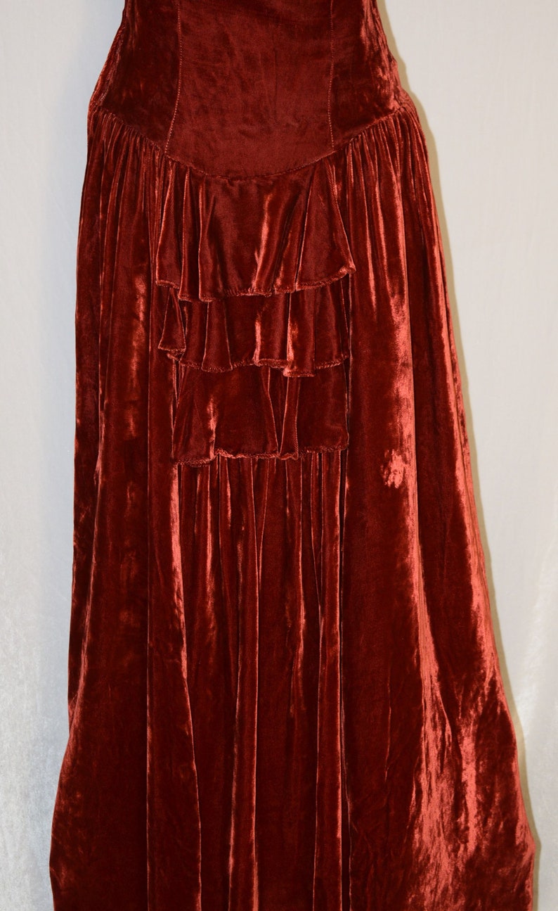 VINTAGE 1930s Burnt Orange SILK VELVET Ruffle Accent Formal Dress image 4