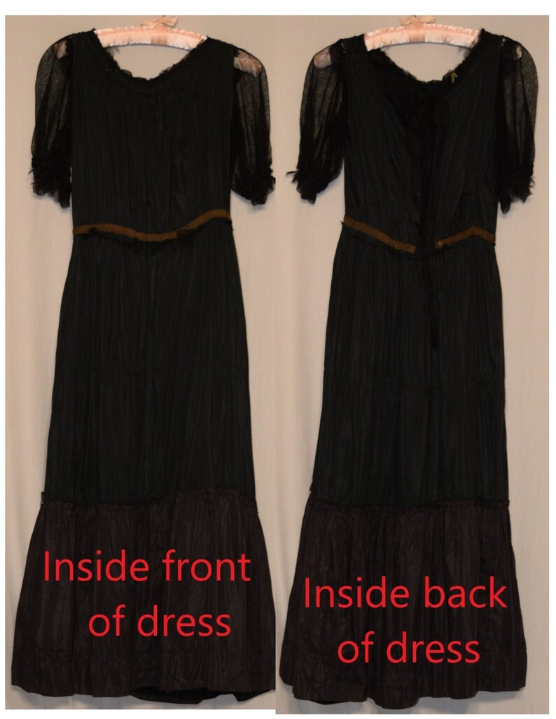 ANTIQUE Vintage Late 1910s Black SILK & NET Dress with Red Rose image 9