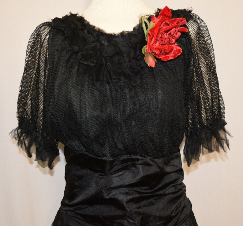 ANTIQUE Vintage Late 1910s Black SILK & NET Dress with Red Rose image 1