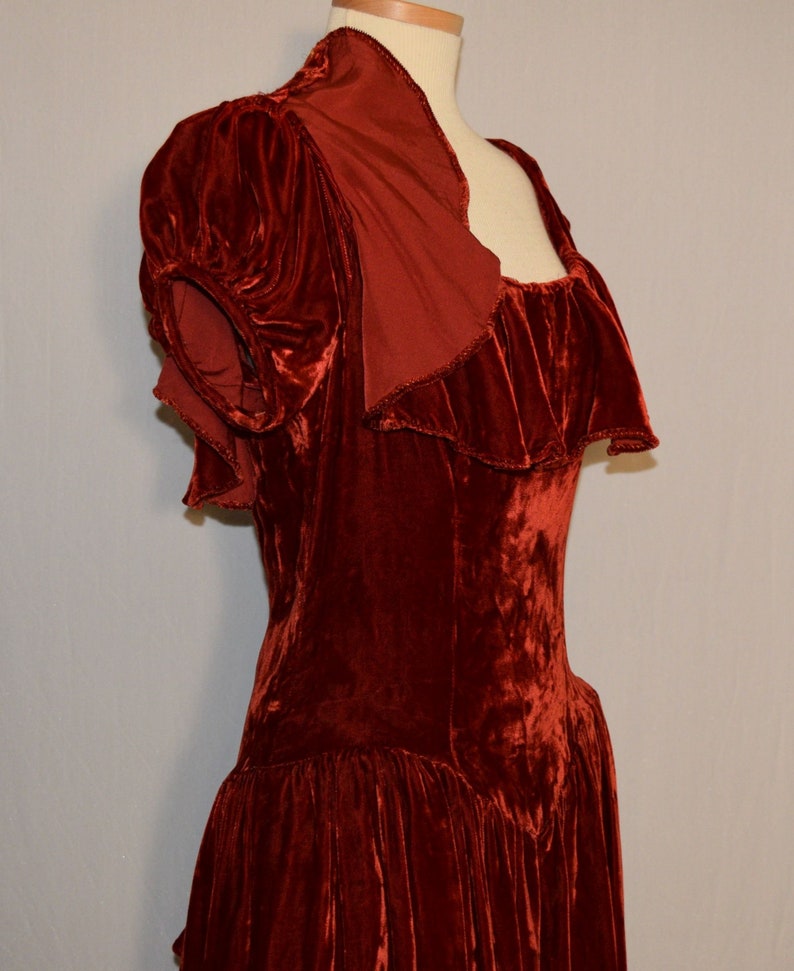 VINTAGE 1930s Burnt Orange SILK VELVET Ruffle Accent Formal Dress image 7