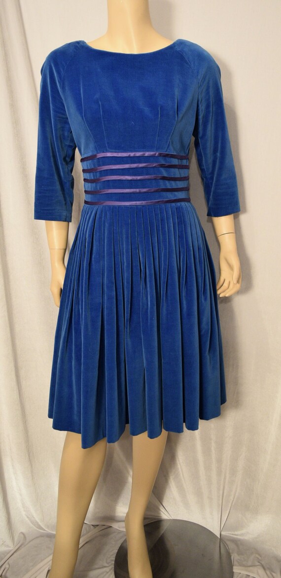 VINTAGE 1940/50s Royal BLUE Cotton VELVET Satin S… - image 3