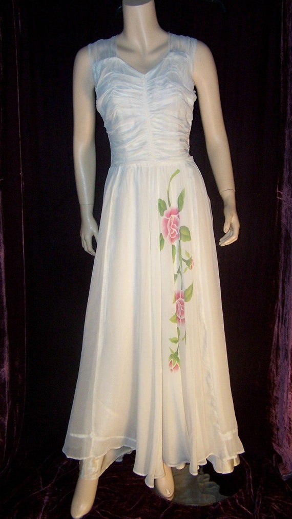 VINTAGE 1940s Cream Chiffon Ruched Bodice Floral … - image 3