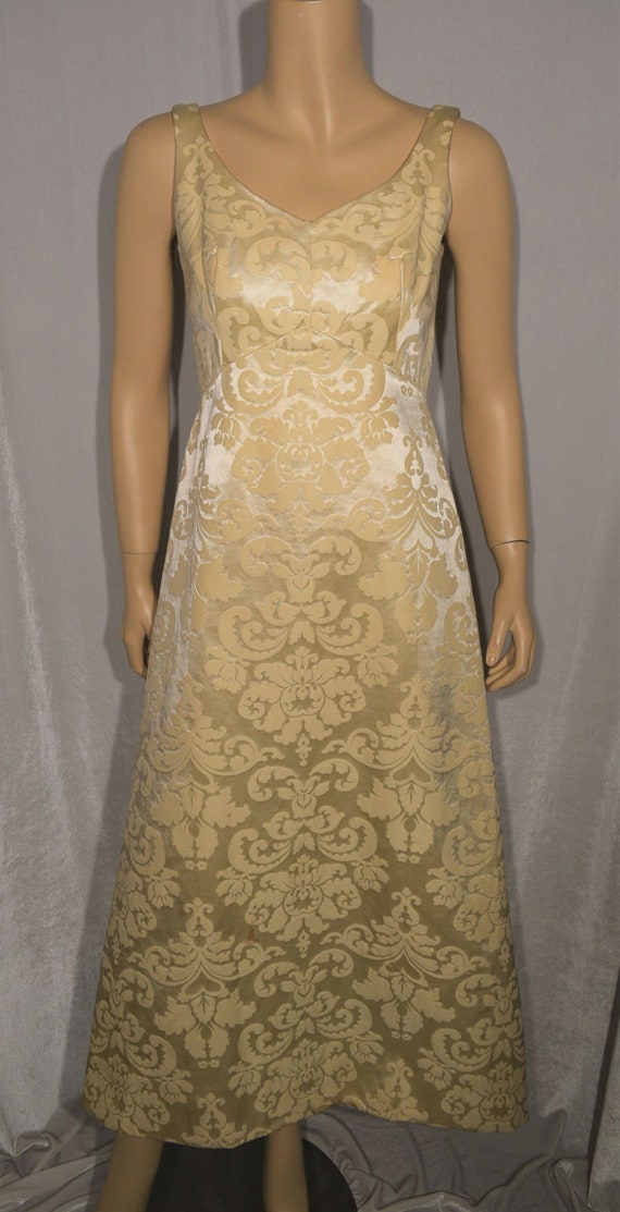 VINTAGE 1968 Cream SATIN Brocade Empire Waist For… - image 3