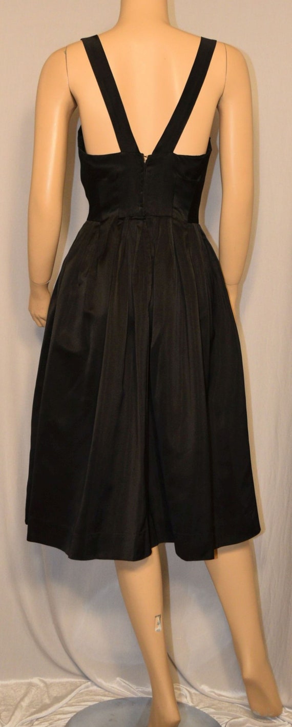 VINTAGE 1950s Black Satin Pleated Flare PARTY Dre… - image 7