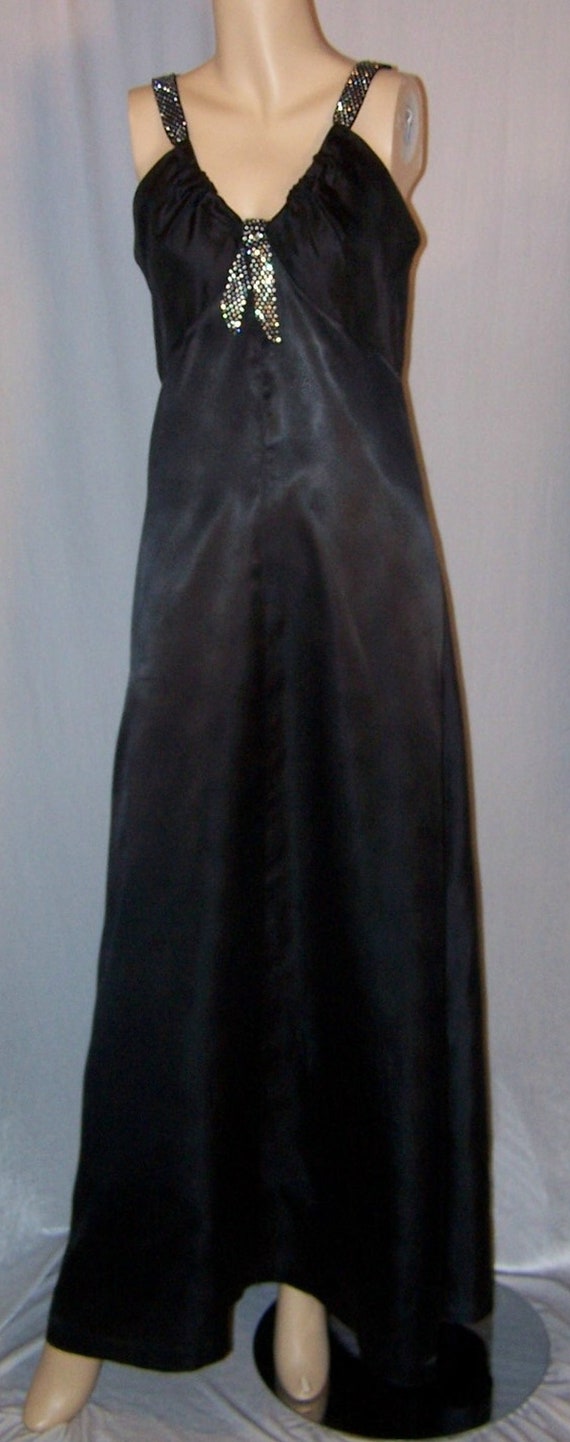 VINTAGE 1940s Black SATIN JEWELED Straps Low Neck… - image 2