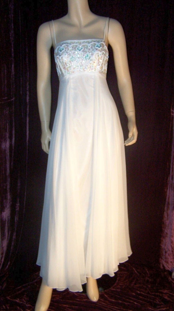 VINTAGE 1960s White BEADED Chiffon Formal Prom Dre