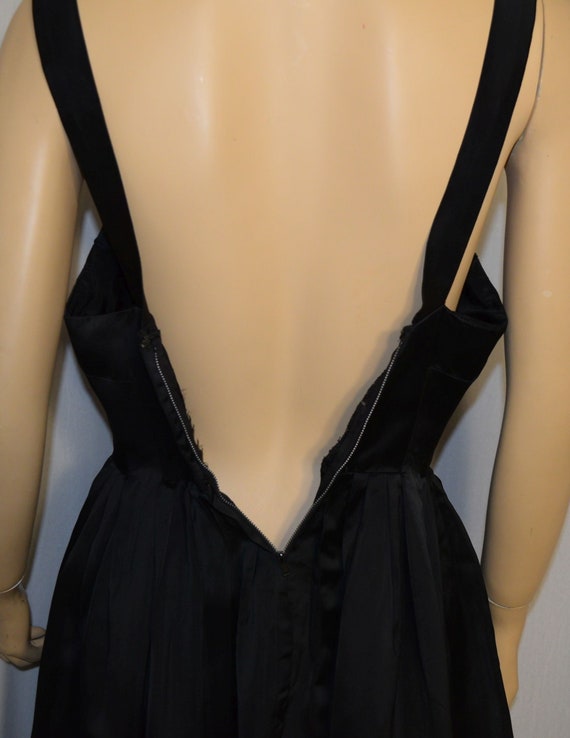 VINTAGE 1950s Black Satin Pleated Flare PARTY Dre… - image 8