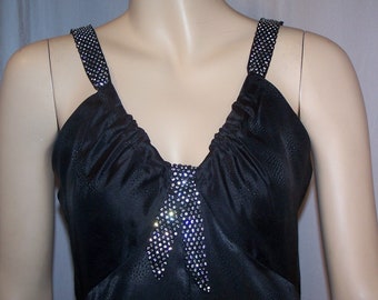 VINTAGE 1940s Black SATIN JEWELED Straps Low Neckline Dress Gown