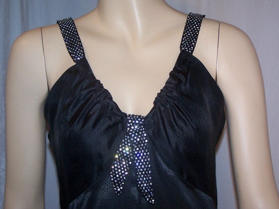 VINTAGE 1940s Black SATIN JEWELED Straps Low Neck… - image 1