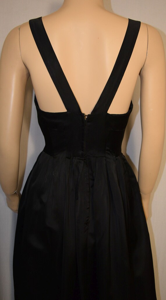 VINTAGE 1950s Black Satin Pleated Flare PARTY Dre… - image 2