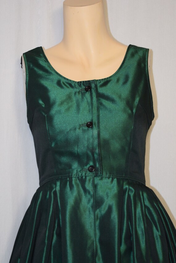 VINTAGE 1950s METALLIC Green Taffeta Button Front… - image 4