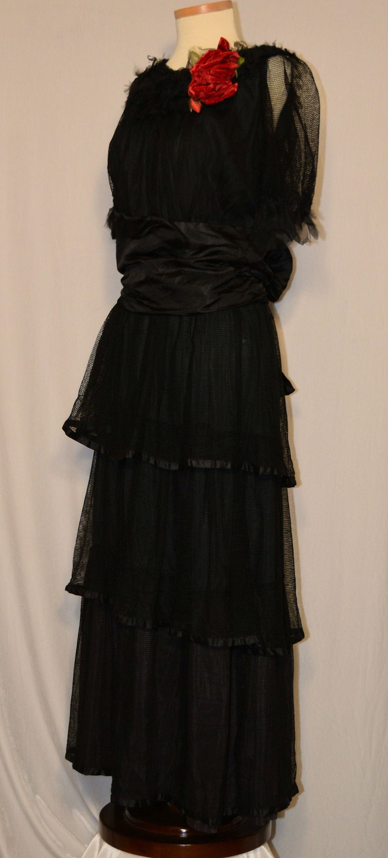 ANTIQUE Vintage Late 1910s Black SILK & NET Dress with Red Rose image 2